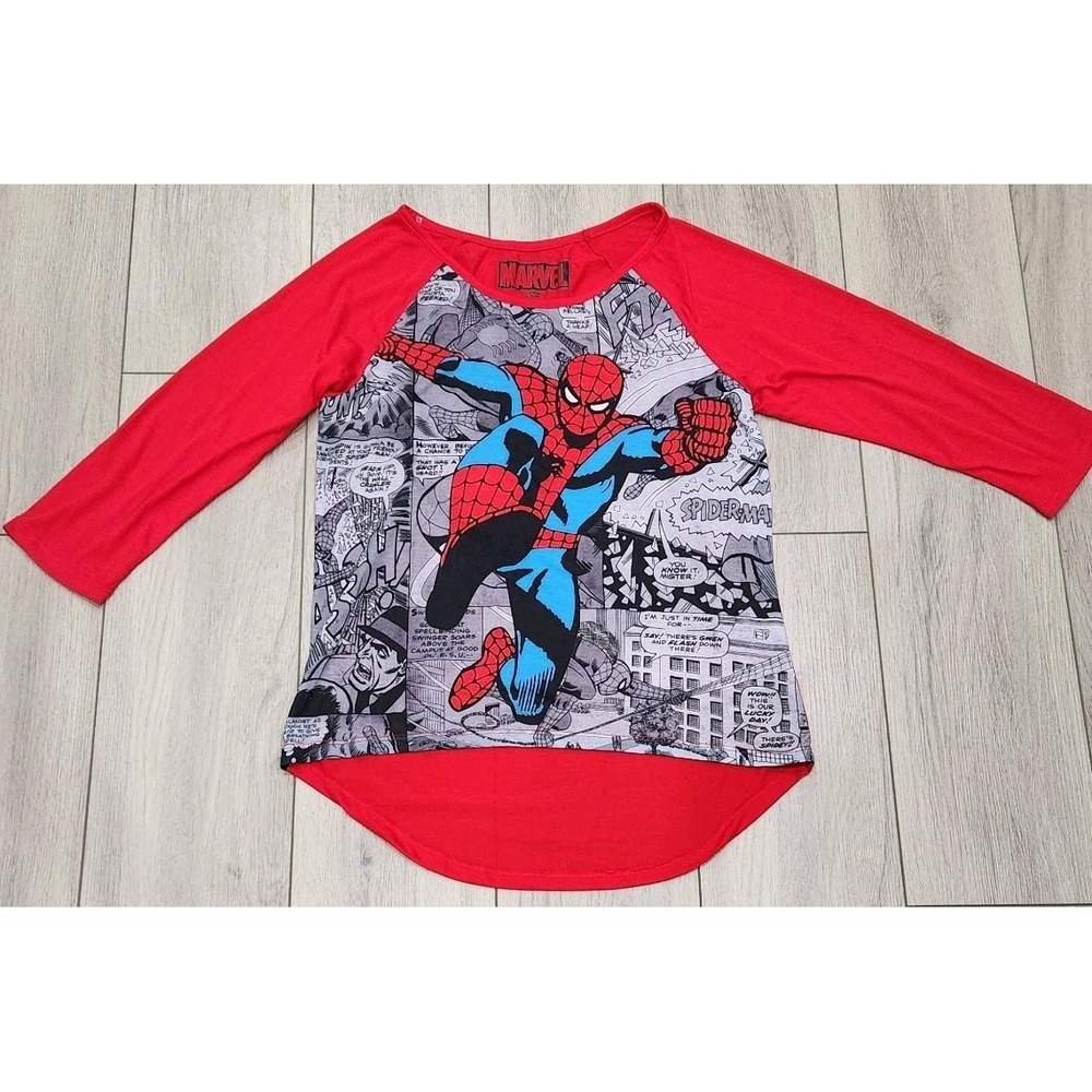 Marvel Spiderman Comic Girls Pajamas PJ Shirt Top Size L (11/13)‎